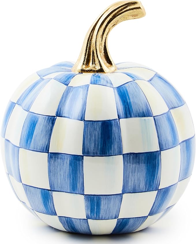 MACKENZIE-CHILDS Mini Pumpkin, Resin Halloween Home Decor, Blue-and-White Royal Check