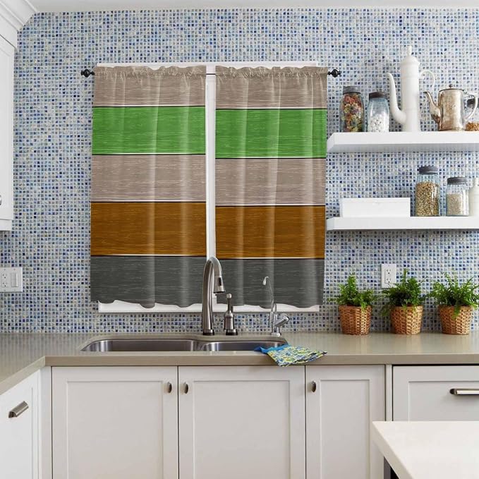 Farm Gray Green Brown Wood Grain Window Valance Curtains, Rustic Wooden Plank