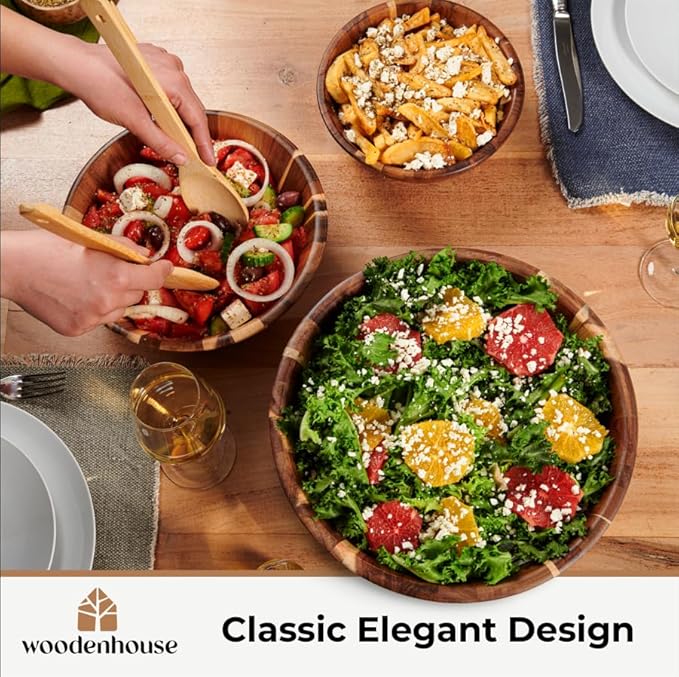 Woodenhouse Wooden Bowls, Wooden Salad Bowl Set of 3 - Round Design Large Salad Bowl Set for Serving, Handmade, Durable and Stylish Natural Wood Dining Accessory