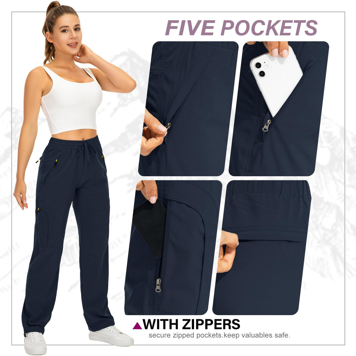 Toomett Women's Hiking Pants Quick Dry UPF 50 Travel Golf Pants Lightweight Camping Work Cargo Pants Zipper Pockets,6608,Blue,XS