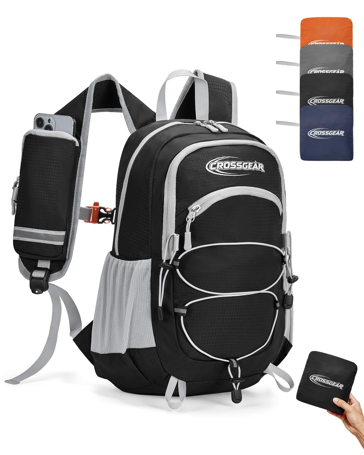 CROSSGEAR 24L Hiking Backpack, Lightweight Foldable Packable Daypack with RFID Pocket, Multi-Pocket, Nylon Small Travel Backpack, Water Resistant for Travel, Camping, Outdoor, Black