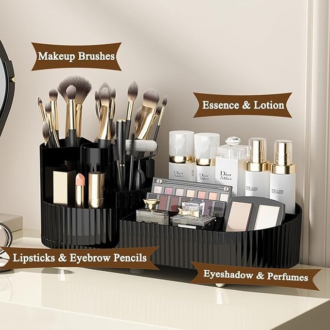 Rotating Cosmetic Organizer, Plastic Countertop Makeup Organizer with Makeup Brush Holder, Large Capacity Cosmetic Display Case, Countertop Makeup & Perfume Organizer with 9 Partitions (Black)