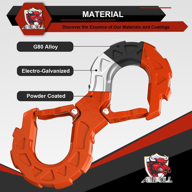 AMBULL 3/8 Tow Hook, Winch Hook for Off-Road Recovery, Towing Shackle 33000 Lbs, G80 Heavy Duty Strength Integrated Winch Quick Shackle, Orange