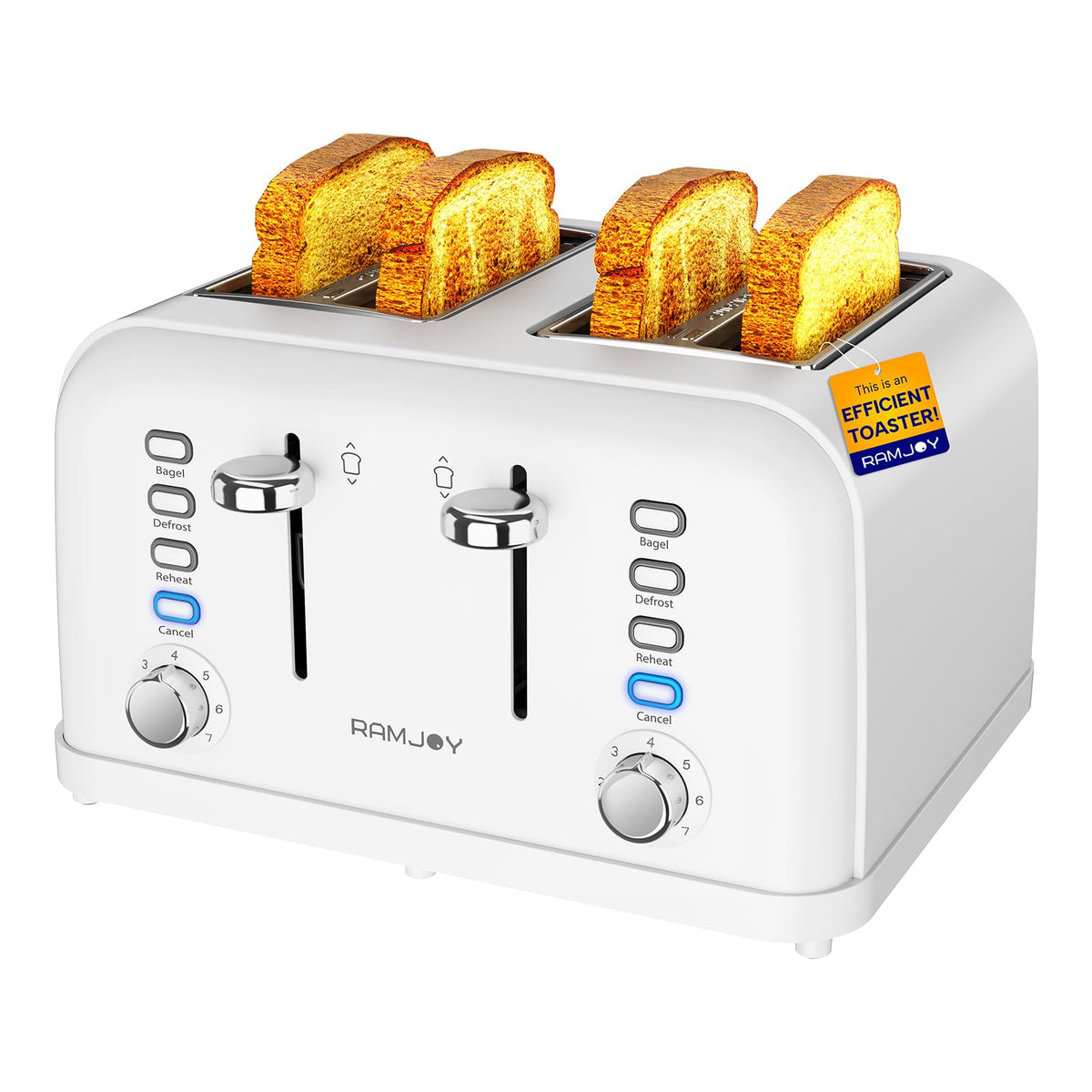 RAMJOY Toaster 2 Slice, Extra Wide Slot Toaster for Bagels, Bread, Waffles, 7 Shade Settings, 4 Main Functions, Removable Crumb Tray, 900 Watts Toasters, Brushed Stainless Steel