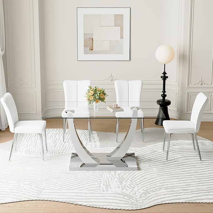 Glass Dining Table Set for 4,Dining Room Table Set for 4,Kitchen Table Set with 4 PU Leather Chairs,63'' Glass Dining Table Set with Silver U-Shaped Table Legs and Rectangular Base