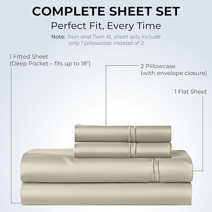 100% Natural Cotton Bed Sheets | 500 TC Single-Ply Sateen Weave King Size Sheets Set | Soft & Hypoallergenic Solid 4-Piece Bedding with Deep Pocket Fitted, Flat, Pillowcase | Cream Beige