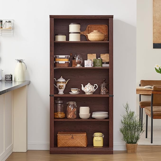 70" Walnut Tall Bookshelf,5-Tier Thick Wooden Book Shelf with Adjustable Shelves,Free Standing Farmhouse Bookcase with Open Display Storage,Floor Vintage Bookshelves for Living Room,Office