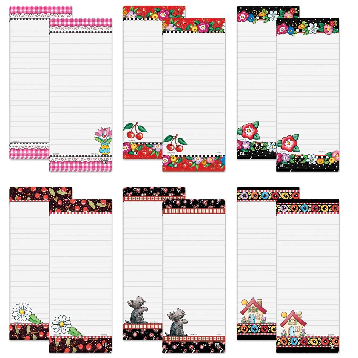 Mary Engelbreit Bright Floral Magnetic Notepad Set – Set of 12 Memo Pads, 6 Designs, 30-Sheet Pads, 3¼ x 8 Inches, Shopping List, to-Do Notes, Printed in The USA, by Current