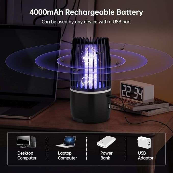 Tiptop Home Bug Zapper Indoor, Rechargeable Bug Zapper with Powerful Fan & Large Storehouse for Gnats, Moths, Fruit Flies, Indoor Insect Killer Trap for Bedroom, Office, Kitchen