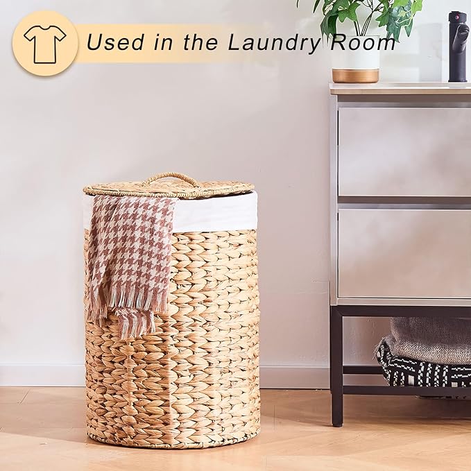 Round Water Hyacinth Laundry Hamper with Lid Handwoven Wicker Basket with Handles for Dirty Clothes, Storage, and Organization Ideal for Bedroom, Bathroom, and Laundry Room, No Assembly Required, 60L