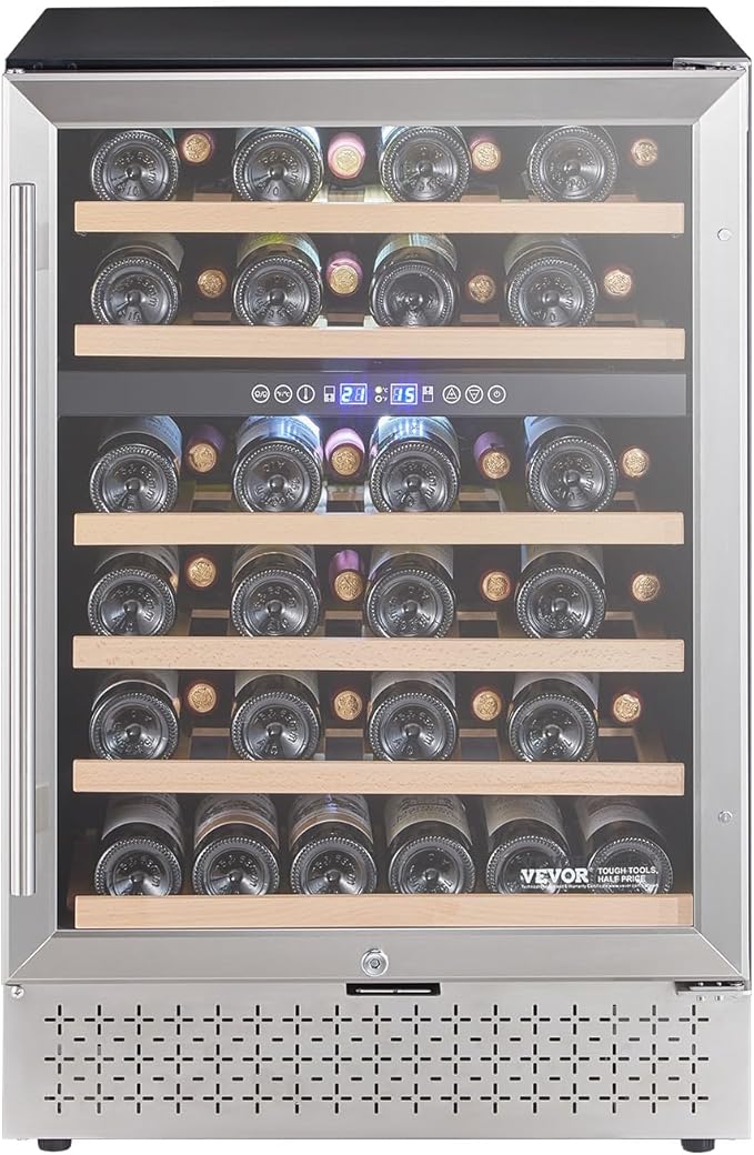 VEVOR Wine Cooler, 46 Bottle Dual Zone Wine Fridge, Built-in & Freestanding Fridge with Glass Door, Adjustable Shelves, Digital Temperature Control, Wine Cooler Refrigerator for Home, Office, Bar