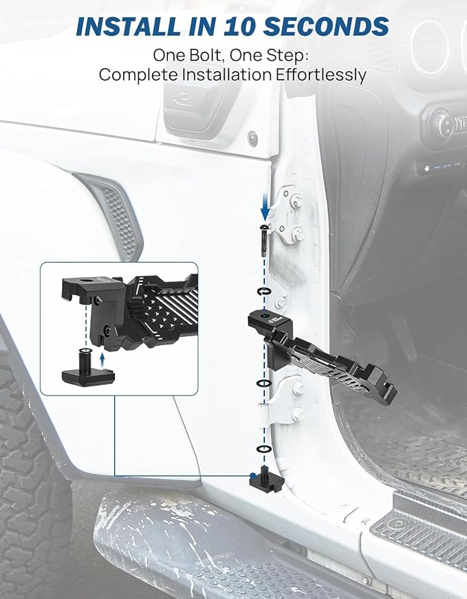 JOYTUTUS 120° CNC Wrangler Foot Pegs Doors Off Compatible with Wrangler JK, JKU, JL, JLU & Gladiator JT 2007 to 2026, Aluminum Exterior Door Hinge Foot Rest Pedals Footrests