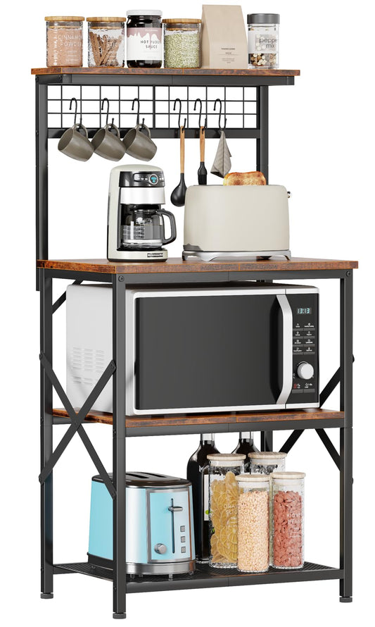 Furologee Kitchen Bakers Rack with Hutch, Coffee Bar Station 4 Tiers, Microwave Oven Stand with 6 S Hooks and Pegboard, Kitchen Microwave Rack for Spice Organizer Workstation, Rustic Brown