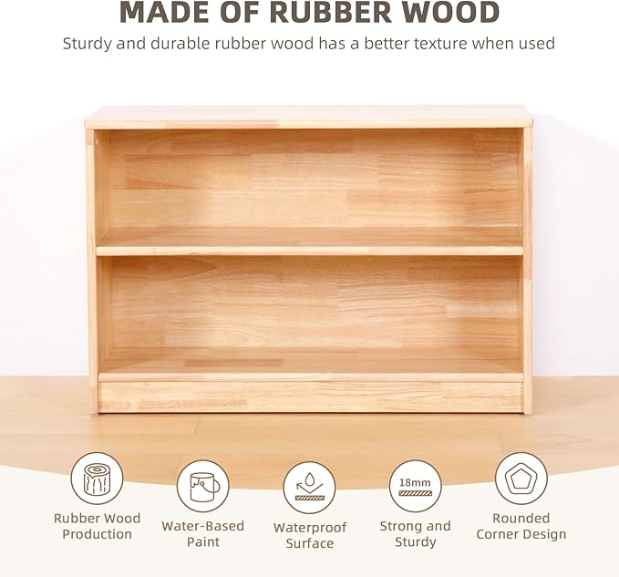 OOOK Rubber Wood Montessori Shelf and Toy Storage, 35.4" L, Solid Wood Bookshelf and Toy Organizers, 2-Tier Storage Cabinet Shelves and Kids Bookcase for Classroom, Kindergarten, Kids Room, Playroom.