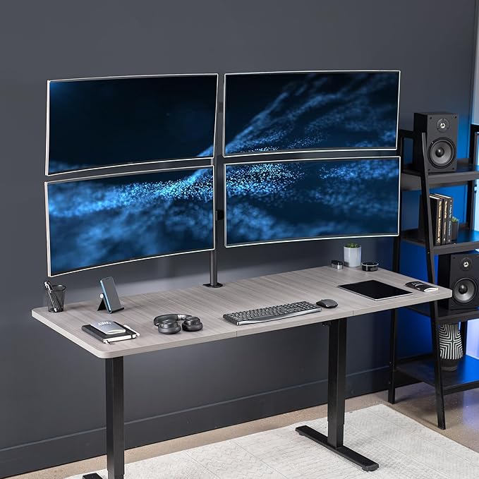 VIVO Premium Quad Ultra Wide LCD LED 27 to 38 inch Monitor Desk Mount, Heavy Duty C-clamp, Extra Tall Pole, Adjustable Telescoping Arms, Flush Wall Setup, Fits 4 Screens, Black, STAND-TS38C-4