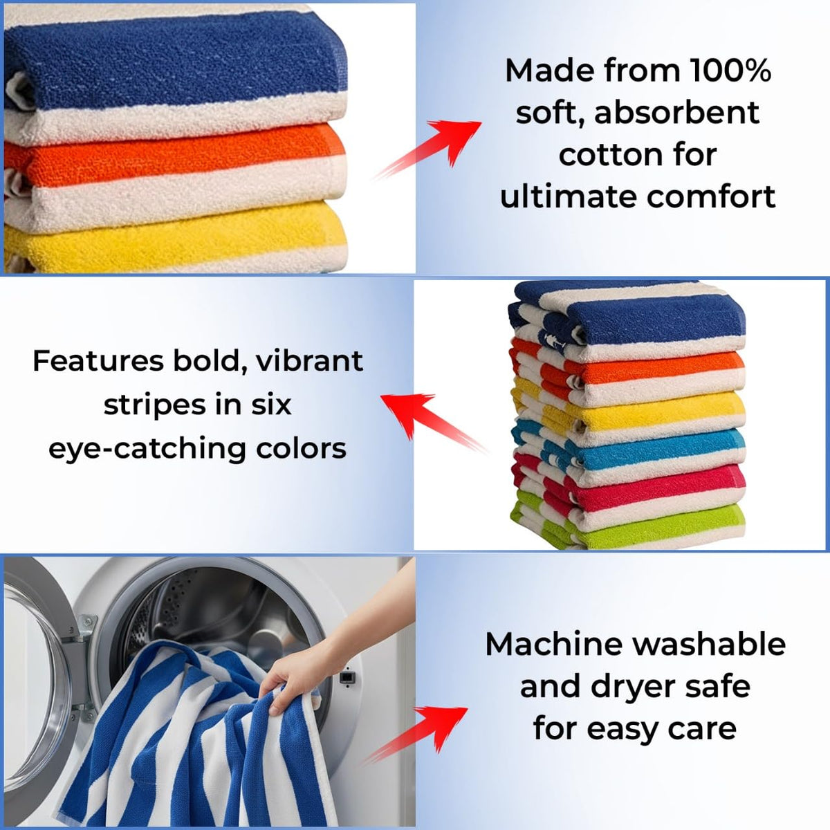 QUBA LINEN 100% Cotton Beach Towels, Cabana Stripe Beach Towel, Large Pool Towels, Highly Absorbent, Light Weight, Soft and Quick Dry Swim Towels, for Parties, Guests (Pack of 6)