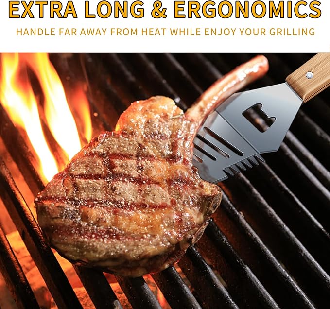 Qinshaine 4-in-1 BBQ Spatula, Multifunction Grill Spatula with Wooden Handle, perfect for BBQ grills and kebabs for camping picnics