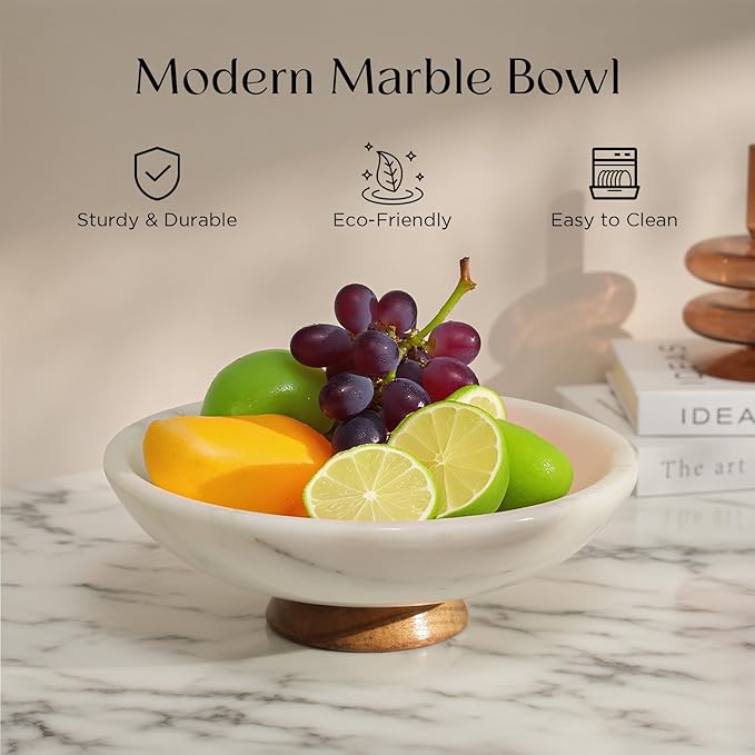 White Marble Fruit Bowl with Acacia Wood Pedestal, Large Decorative Footed Bowl, Natural Stone Centerpiece for Kitchen Counter, Entryway, Keys, Dining Table, House Warming Gifts New Home(11Inch)