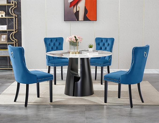 5-Piece Faux Marble Round Dining Table Set for 4, Modern Luxury Kitchen Table Set for 4 with Blue Tufted Chairs,Circle Dining Tables with Pandora Grain Top and Black Pedestal Base