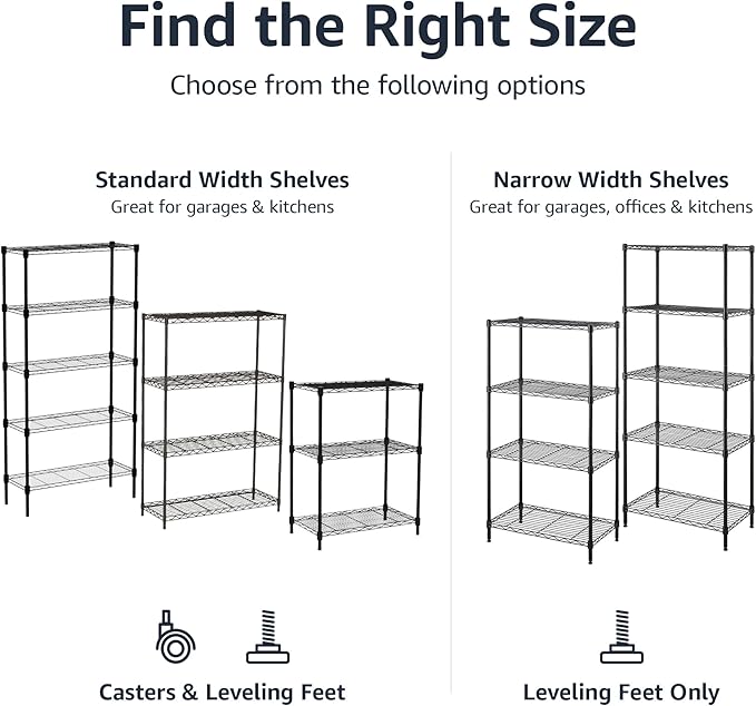 Amazon Basics 4-Shelf Steel Wire Rack, 13.4 D x 23.2 W x 48 H in, Black | Sturdy, Adjustable, Easy Assembly, Storage