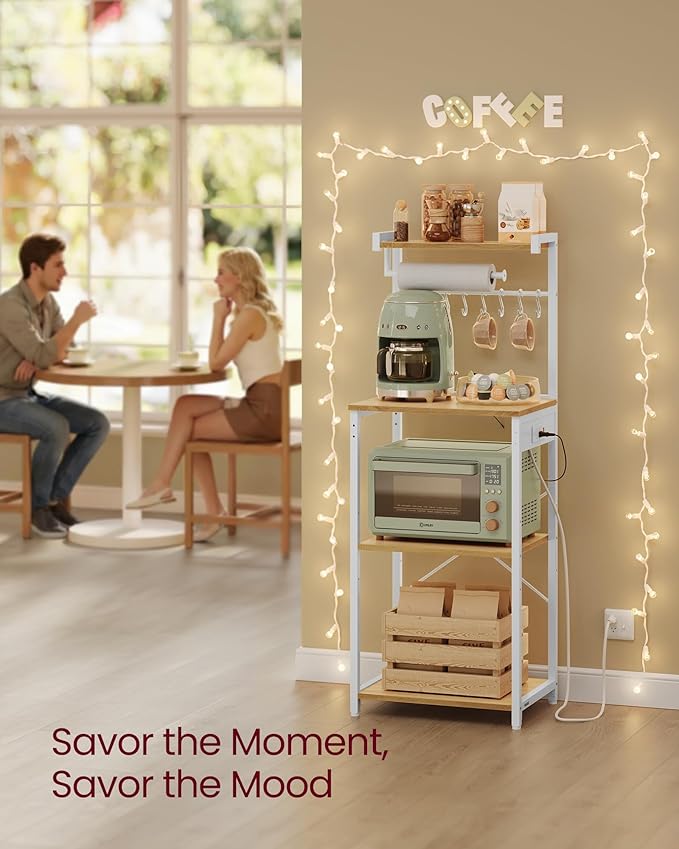 VASAGLE Kitchen Bakers Rack with Power Outlet, Coffee Bar 4-Tier with 8 S Hooks, Microwave Stand, Adjustable Shelf, for Small Spaces, 15.7 x 17.7 x 55.1 Inches, Golden Oak and Cloud White UKKS013YA01