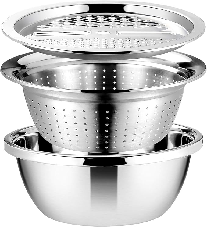Cabilock Stainless Steel Grater Bowl, 3-in-1 Vegetable Grater with Drain Basket and Salad Bowl, Multipurpose Kitchen Strainer Shredder for Cheese, Carrots, Potatoes, Cucumbers and Food Prep, 10.2 Inch