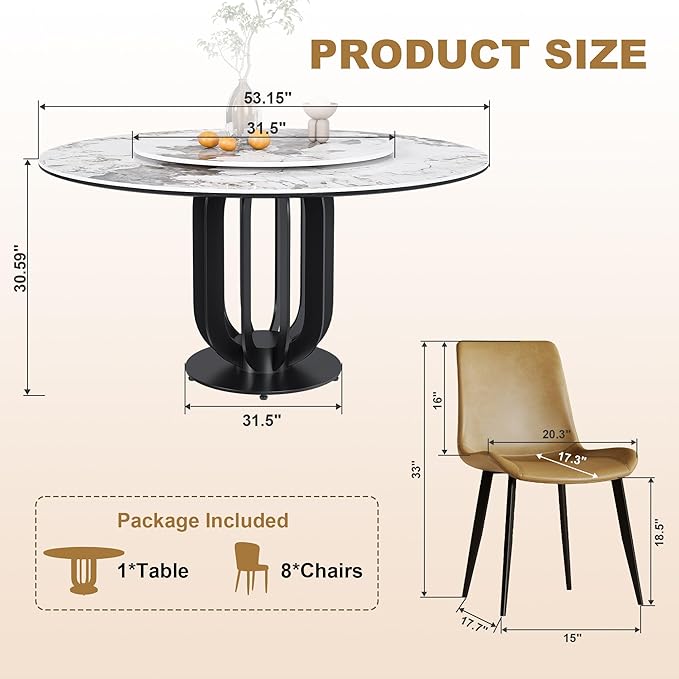 Dining Table Set with 8 Chairs, 53" Round Modern Marble Dining Table with Lazy Susan, Sintered Stone Top for Kitchen, Dining Room, Dinette