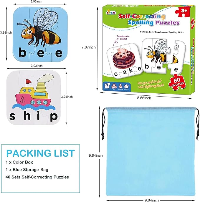 80 Words Self-Correcting Spelling Puzzles, Double-Sided Three and Four Letter Words with Matching Images, Perfect for Kids Age 3+ Year Old