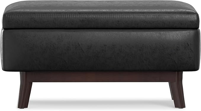 SIMPLIHOME Owen Small Rectangular Storage Ottoman - 36 inch Wide Upholstered Vegan Leather Lift-Top Ottoman in Distressed Black, Mid-Century Modern Ottoman for Living Room with Tufted Detail
