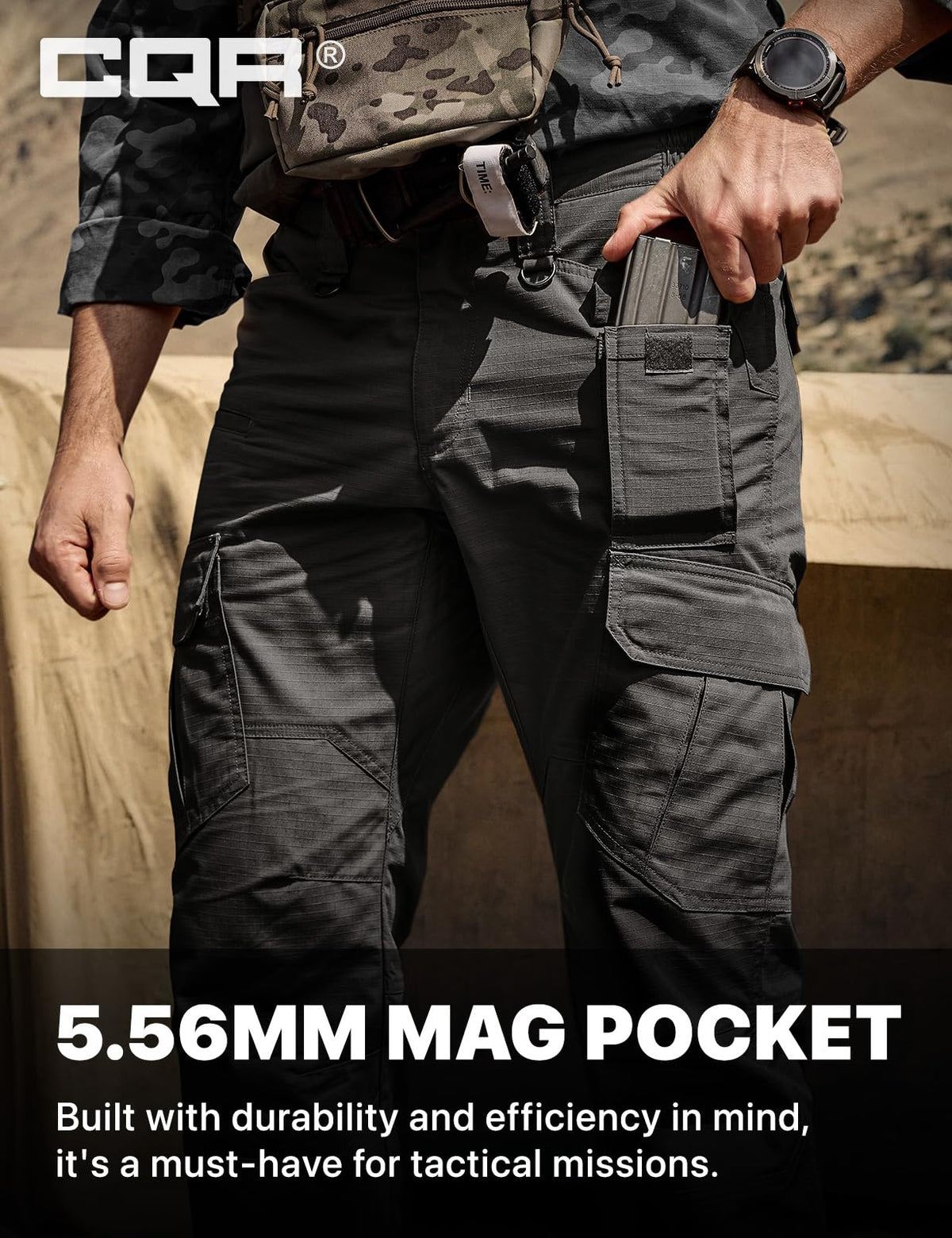 CQR Men's Tactical Pants, Water Resistant Ripstop Cargo Pants, Lightweight EDC Work Hiking Pants, Outdoor Apparel, Duratex Mag Pocket Black, 36W x 34L