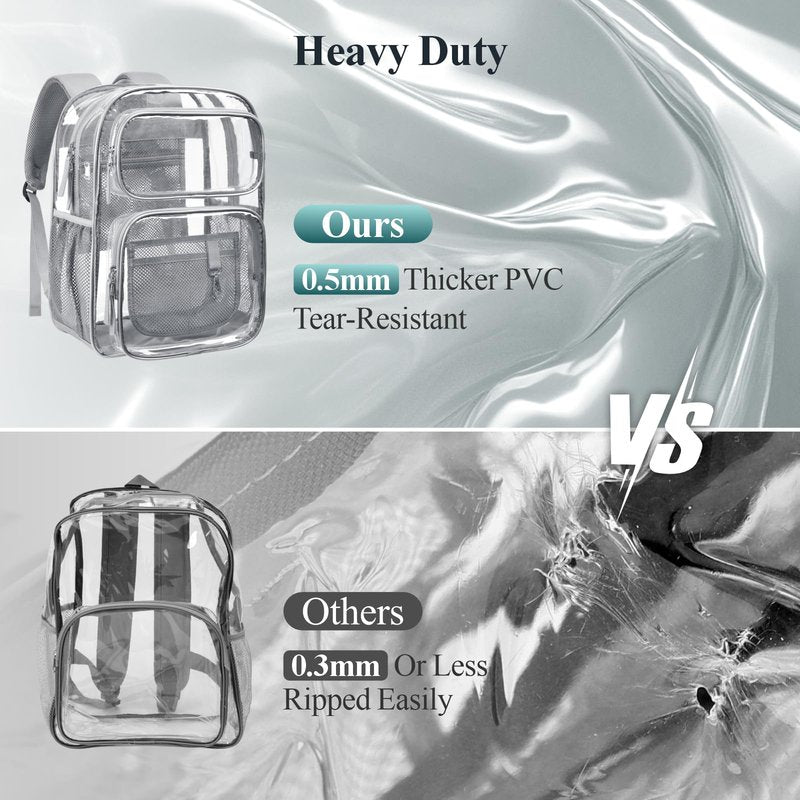 PACKISM Clear Backpack for School - 17 inch Large Heavy Duty Bookbag, Reinforced See Through PVC Transparent Backpack for Students Men Women, Battleship Grey (Age 12+)