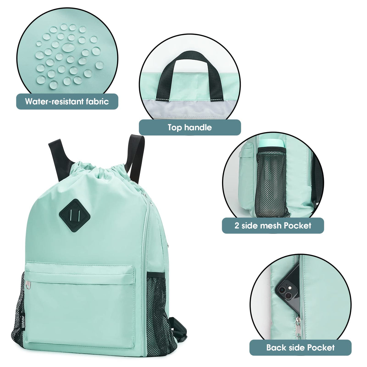 WANDF Drawstring Backpack with Shoe Compartment, Sports Gym Bag