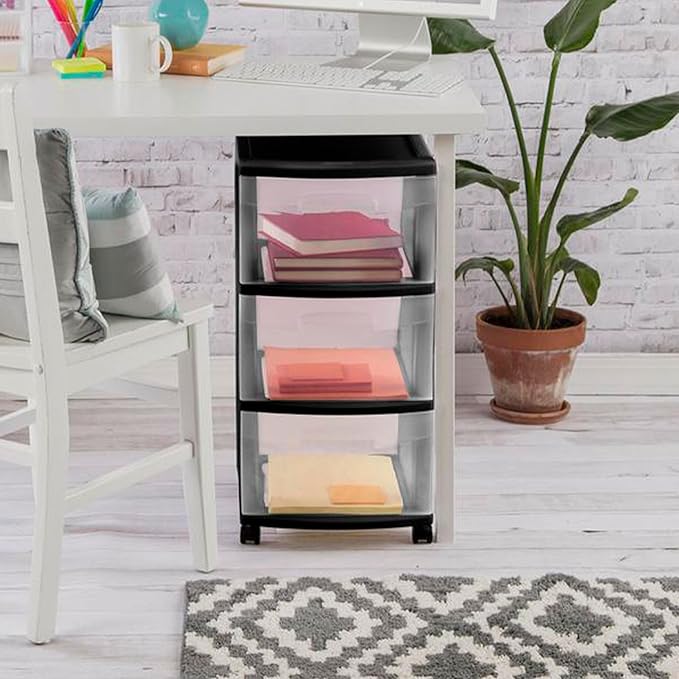 Sterilite 2 Pack Plastic Storage Organizer, 3 Drawer Rolling Bin Cart, Closet Organization, Black
