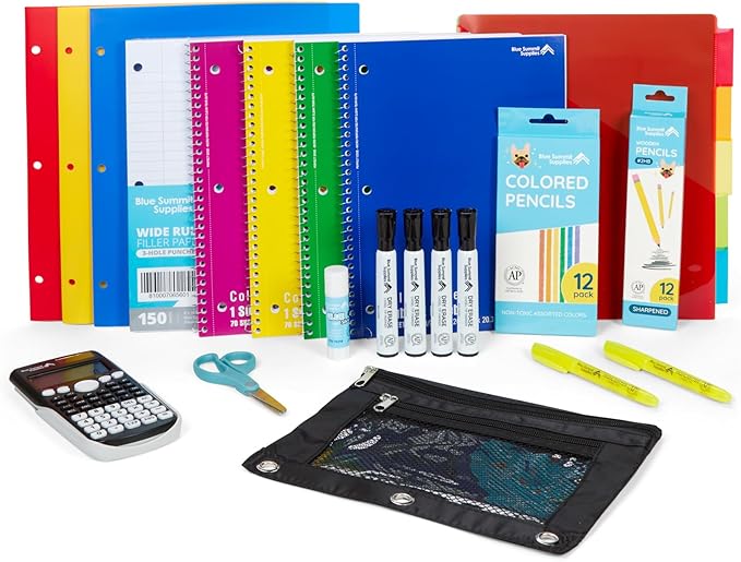 Blue Summit Middle School Supplies Kit, 6th and 7th Grade School Supplies Set, Unique Bundle Includes Calculator, Bulk 49 Piece Box