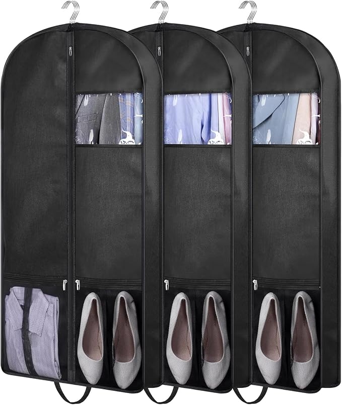 KIMBORA 43" Suit Bags for Closet Storage and Travel, Gusseted Mesh Hanging Garment Bags for Men Suit Cover With Handle for Clothes, Coats, Jackets, Shirts（3 Packs，Black）
