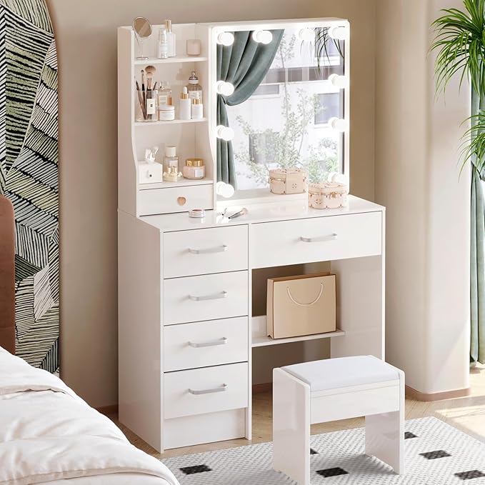 Vanity Desk with Sliding Mirror and Lights, Makeup Vanity Desk with Chiar and Storage, Vanity with Lights for Bedroom, Dressing Table for Teen Girls Women