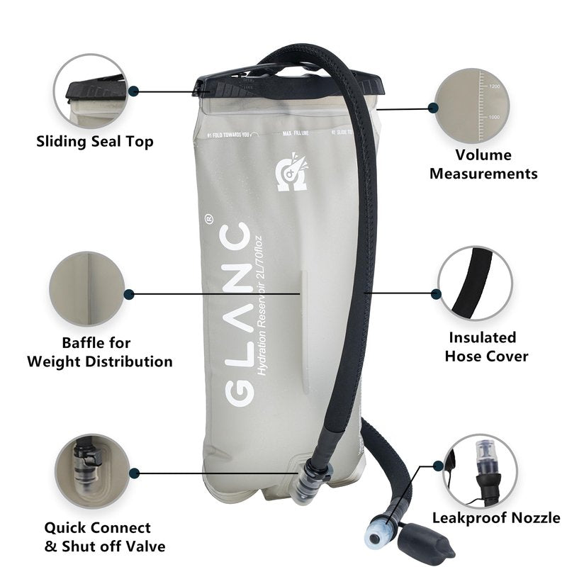 GLANC Hydration Bladder - 2L Water Bladder with Cleaning Kit for Outdoor Hiking Backpack, BPA Free Leakproof Water Reservoir for Hydration Pack, Insulated Hose & High Flow Bite Valve, Light Gray