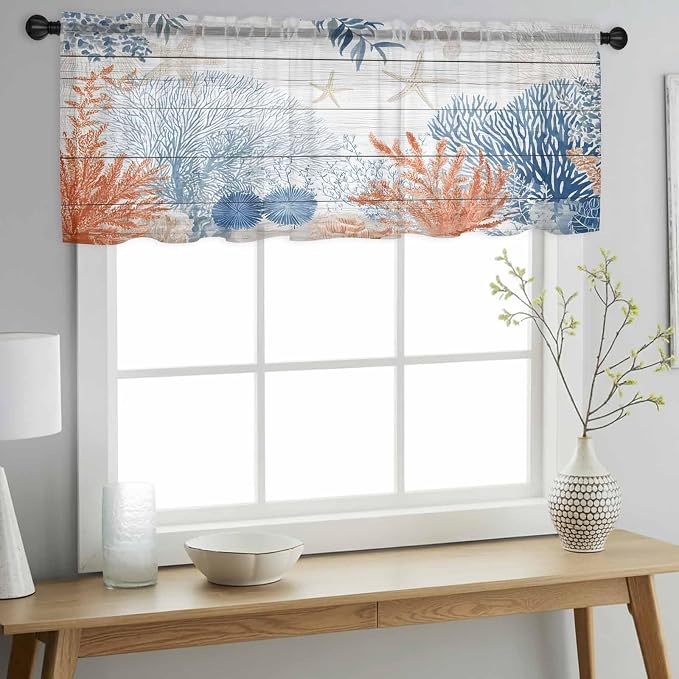 Ocean Corals Sheer Valance Curtains, Summer Beach Coral Sea Stars Wood Grain