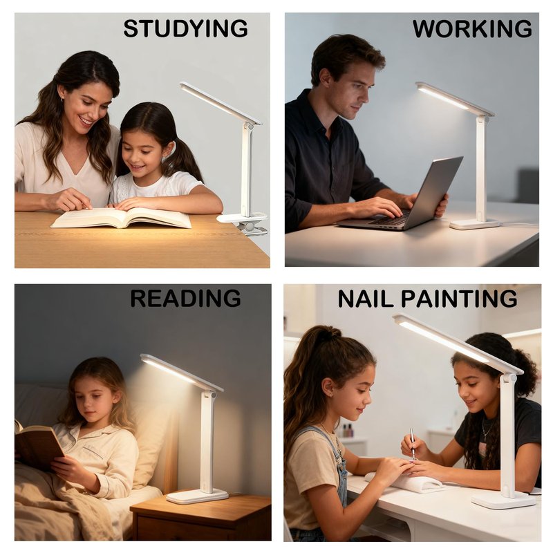 ANNAITE LED Desk Lamp Dimmable Table Lamp Reading Lamp with Changeable Clip & Base, 3 Brightness Dimmable Small Desk Lamp for Office Home, Desk Clip on Lamp for Bed Headboard, LED Desk Light Strip