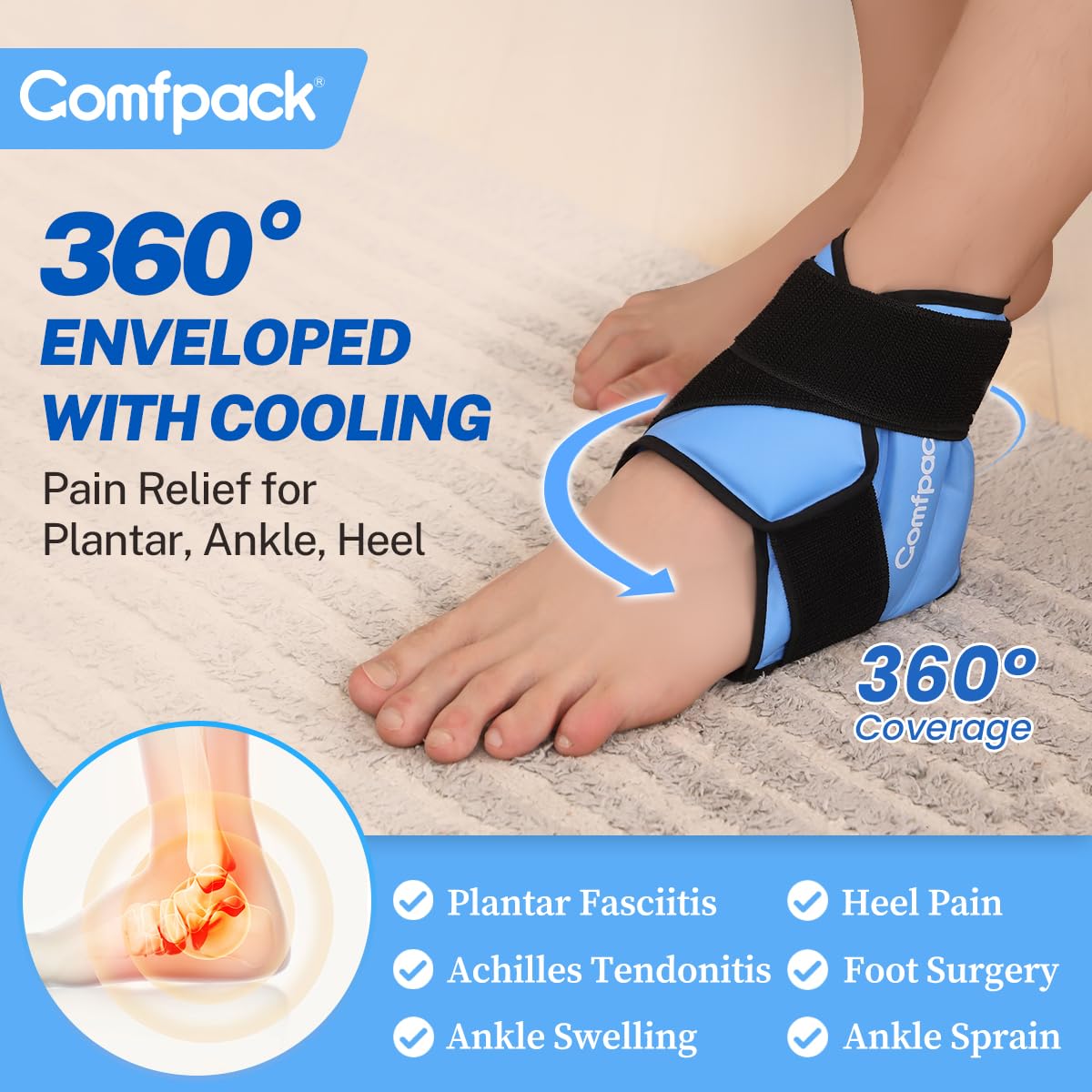 Comfpack Heel Ice Pack Wrap for Plantar Fasciitis Relief, Ankle Ice Pack Wrap for Swelling, FSA Eligible, Ice Pack for Injures Reusable, Gel Cold Pack for Achilles Tendonitis, Ankle Sprain, Heel Pain