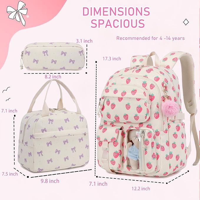 Corduroy Bow Backpack for Girls Teens School Bookbag with Lunch Box Pencil Case Laptop Sleeve Elementary Middle School Bag, Bow Tie-Purple