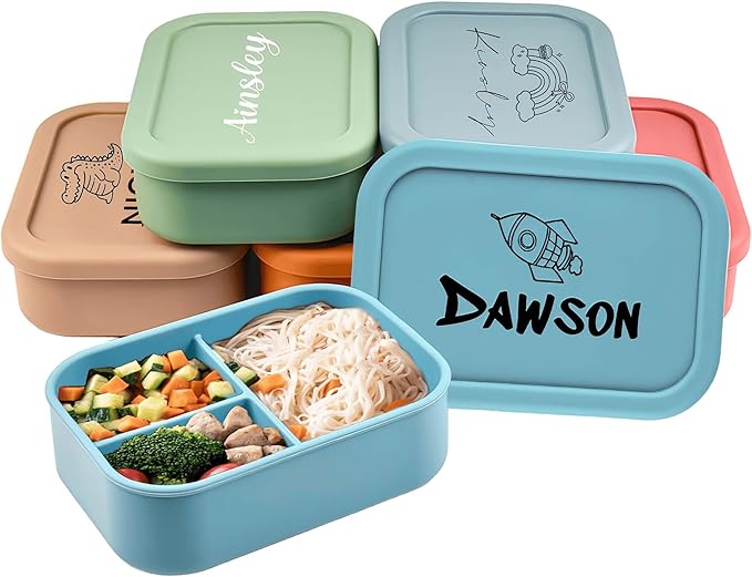 Blireana Custom Silicone Bento Box | Personalized Lunch Box with Engraved Name/Logo | Lunch Containers for Work Travel Outdoor with 3 Compartment
