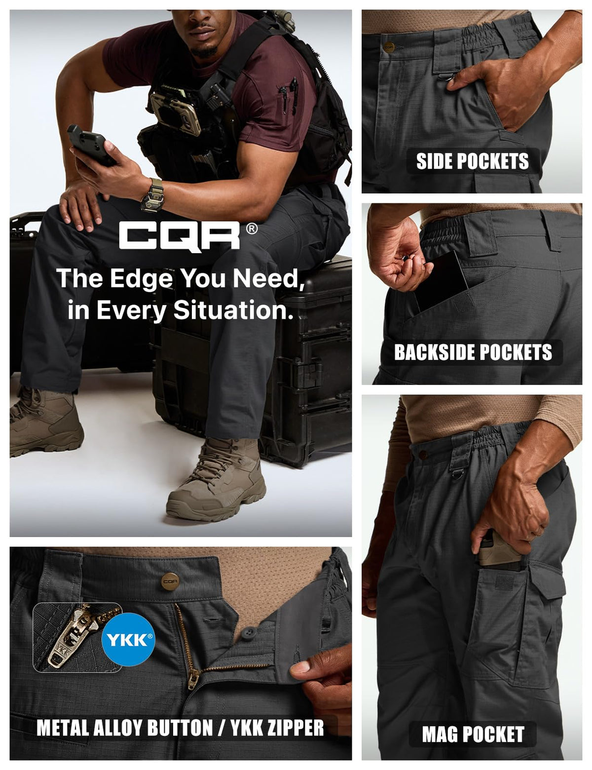 CQR Men's Tactical Pants, Water Resistant Ripstop Cargo Pants, Lightweight EDC Work Hiking Pants, Outdoor Apparel, Raider Mag Pocket Black, 44W x 32L