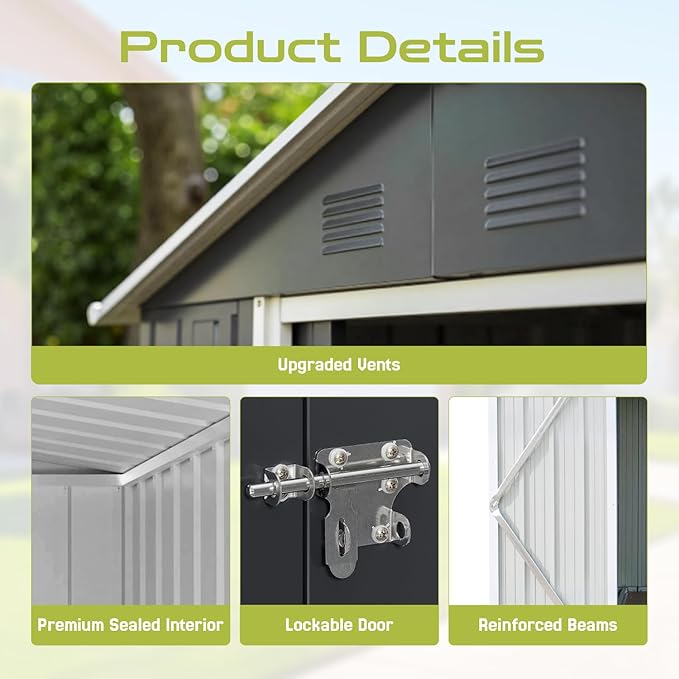 10 x 8 FT Outdoor Storage Metal Shed, Bike Garden Tool Shed with Slooping Roof, Lockable Doors and Aluminum Frames, Shed Easy to Assemble for Garden, Patio, Lawn, White