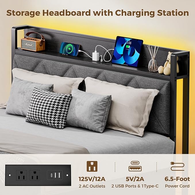 Bed Frame Twin Size with Charging Station and LED Lights, Upholstered Storage Headboard with 4 Drawers, Heavy Duty Metal Slats, Noise Free, Easy Assembly, No Box Spring Needed