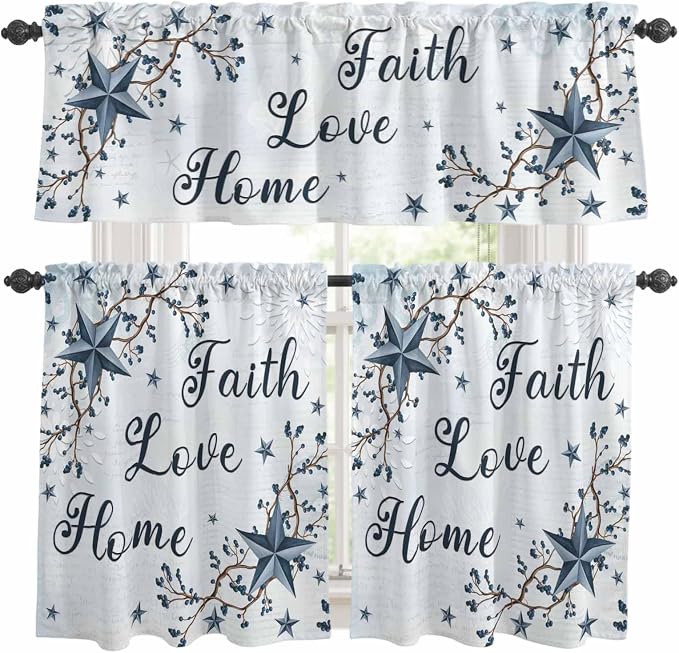 Kitchen Curtains Tiers and Valance Set of 3, Texas Star Country Light Filtering