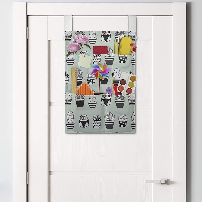 Ambesonne Cactus Hanging Pocket Organizer, Mini Cacti in Pots with Geometric Designs Polka Dots Stripes, Printed Polyester Storage Bag with Pockets, 14" x 20", Mint Green Charcoal Grey