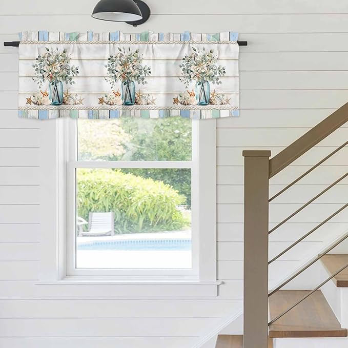 Kitchen Valances for Window, Ocean Starfish Conch Shell Eucalyptus Light