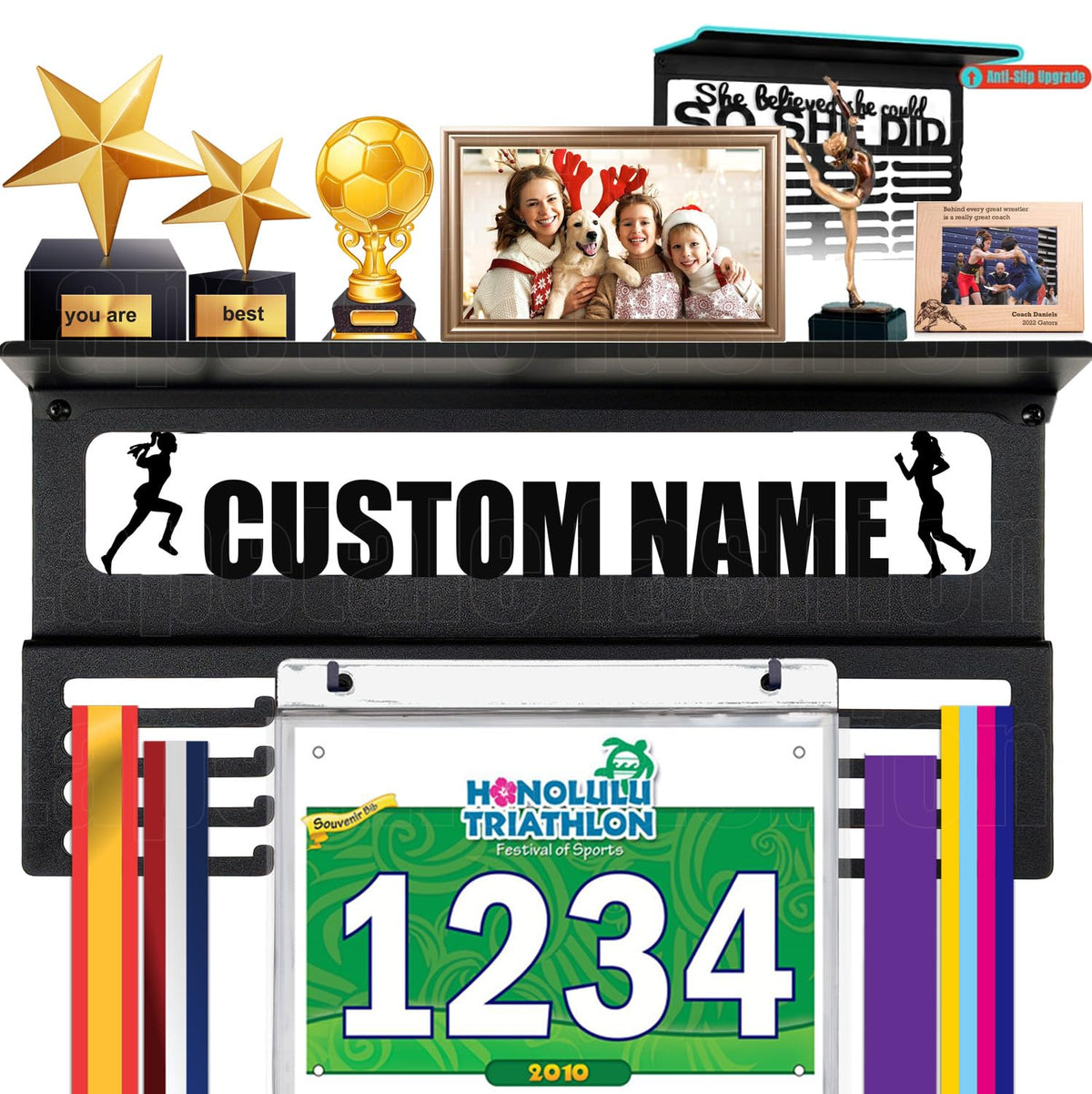Lapetale Fashion Personalized Medal Holder with Name Display Rack for Awards Ribbons - Metal Custom Sports Race Plaques Hanger for Wall Mount Hold Up 60 Medal Hanger Display for Athlete Boy Girl Kid