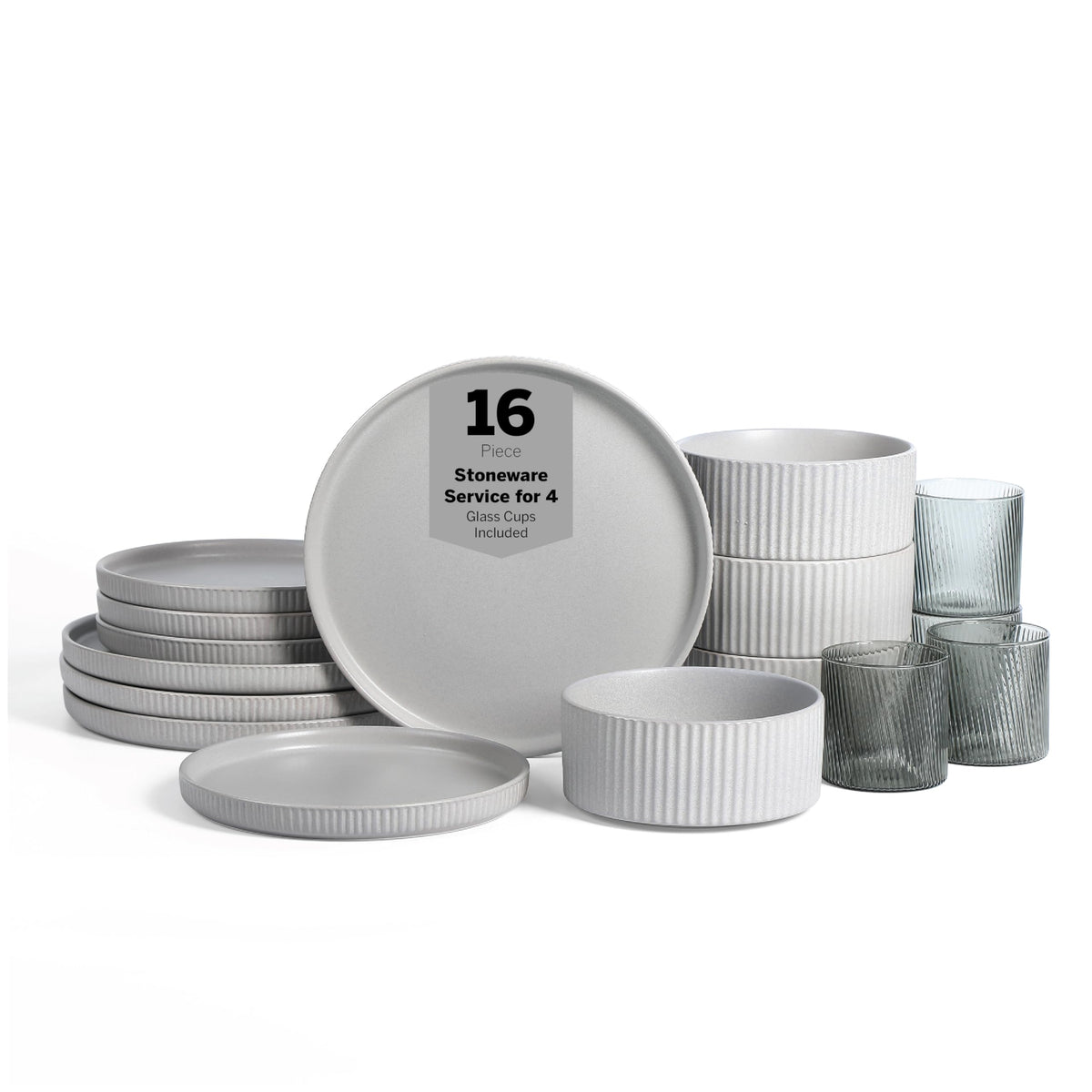 Stone Lain Haven Stoneware 32-Piece Dinnerware Set, Plates and Bowls Sets for 8, Grey Dish Set, Includes Dinner and Salad Plates, Cereal Bowls, Glassware, Microwave & Dishwasher Safe